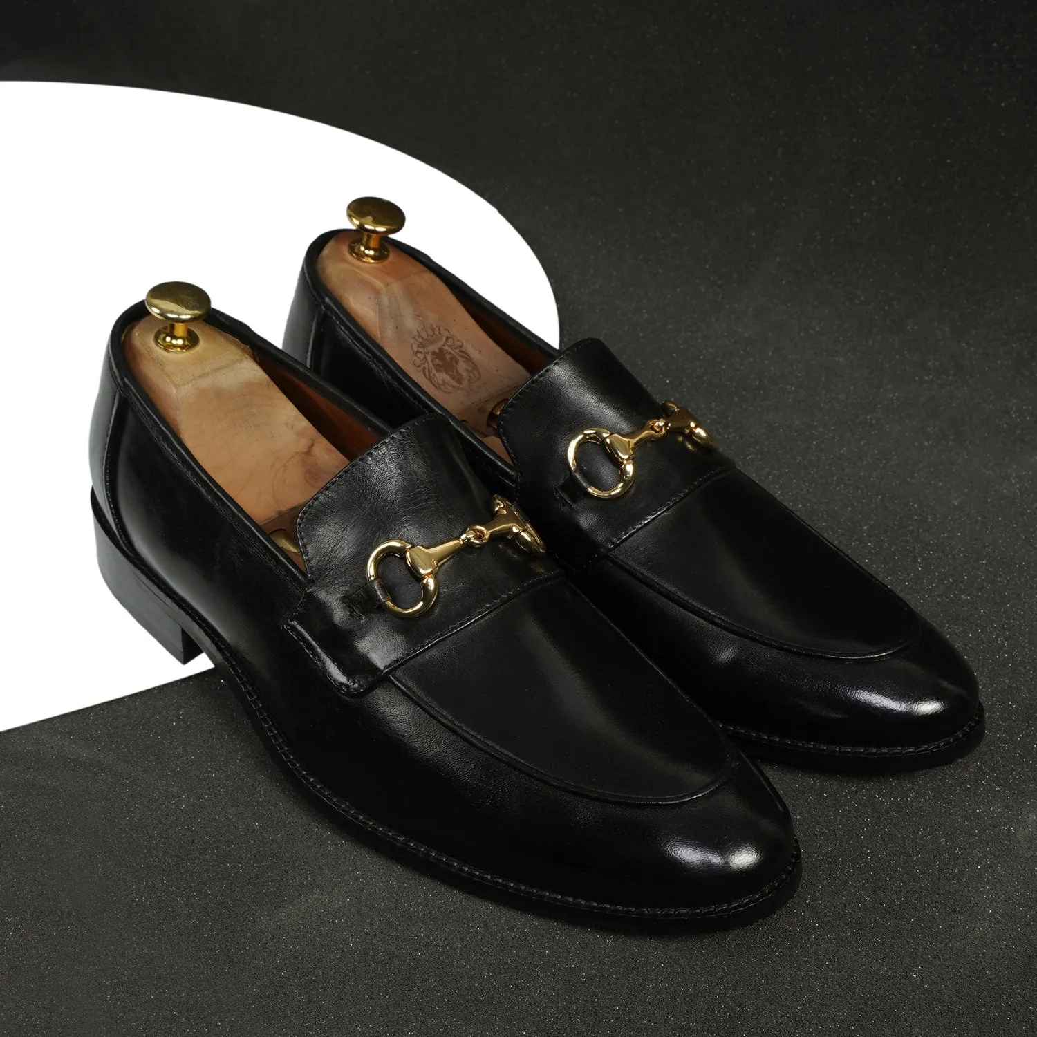 Black Leather Golden Horsebit Loafers By Brune & Bareskin