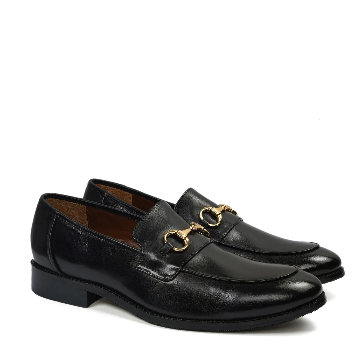 Black Leather Golden Horsebit Loafers By Brune & Bareskin