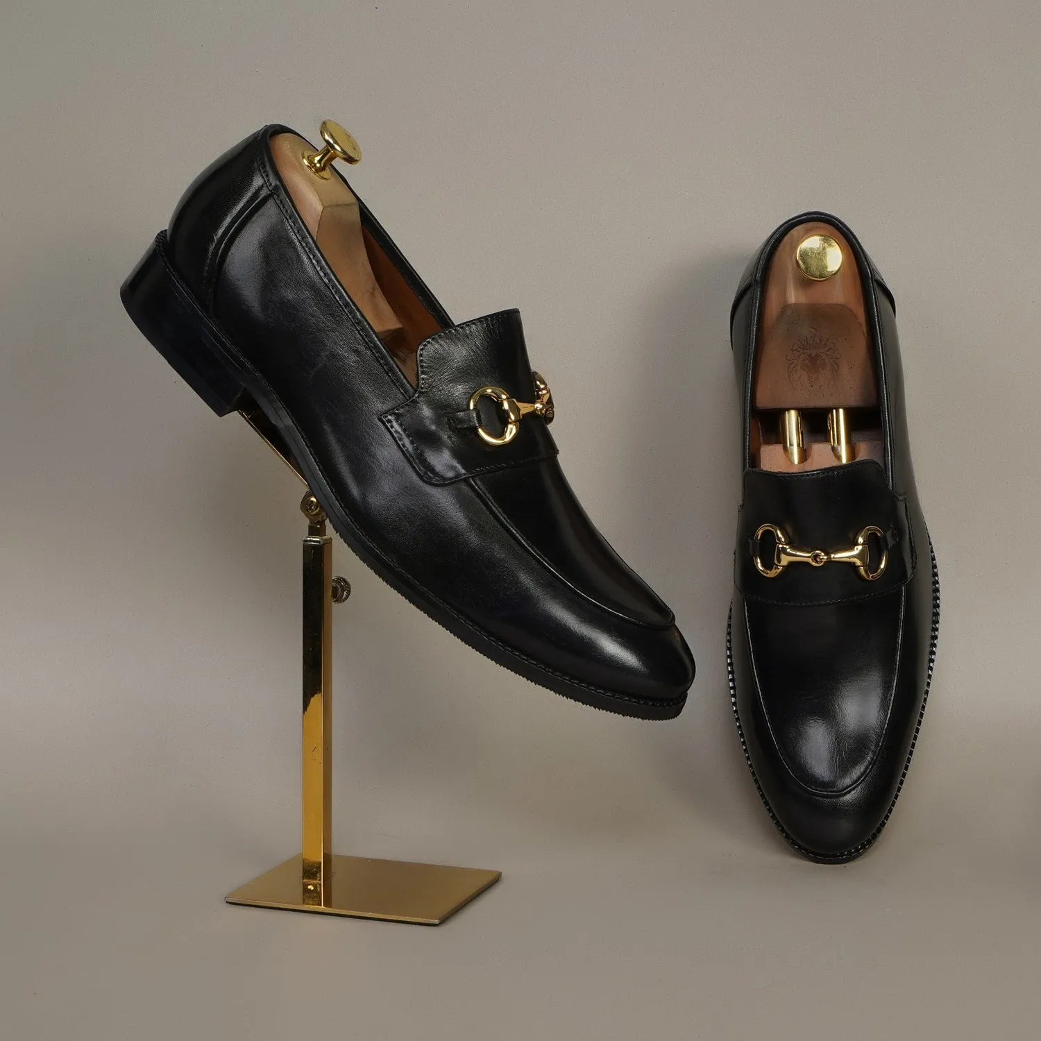 Black Leather Golden Horsebit Loafers By Brune & Bareskin