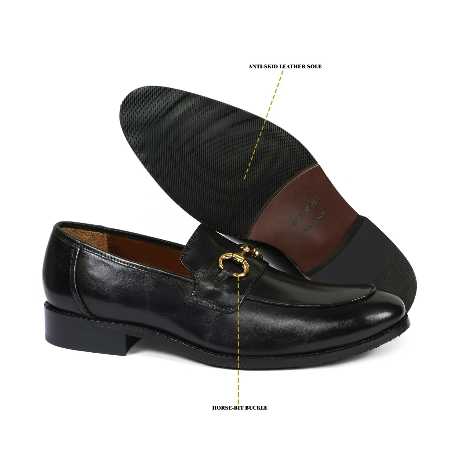 Black Leather Golden Horsebit Loafers By Brune & Bareskin