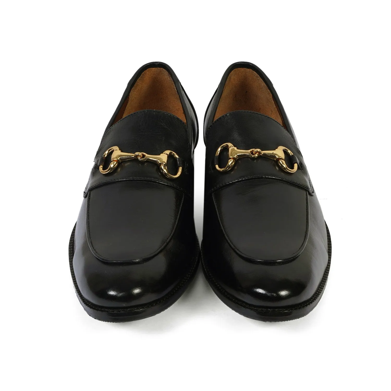 Black Leather Golden Horsebit Loafers By Brune & Bareskin