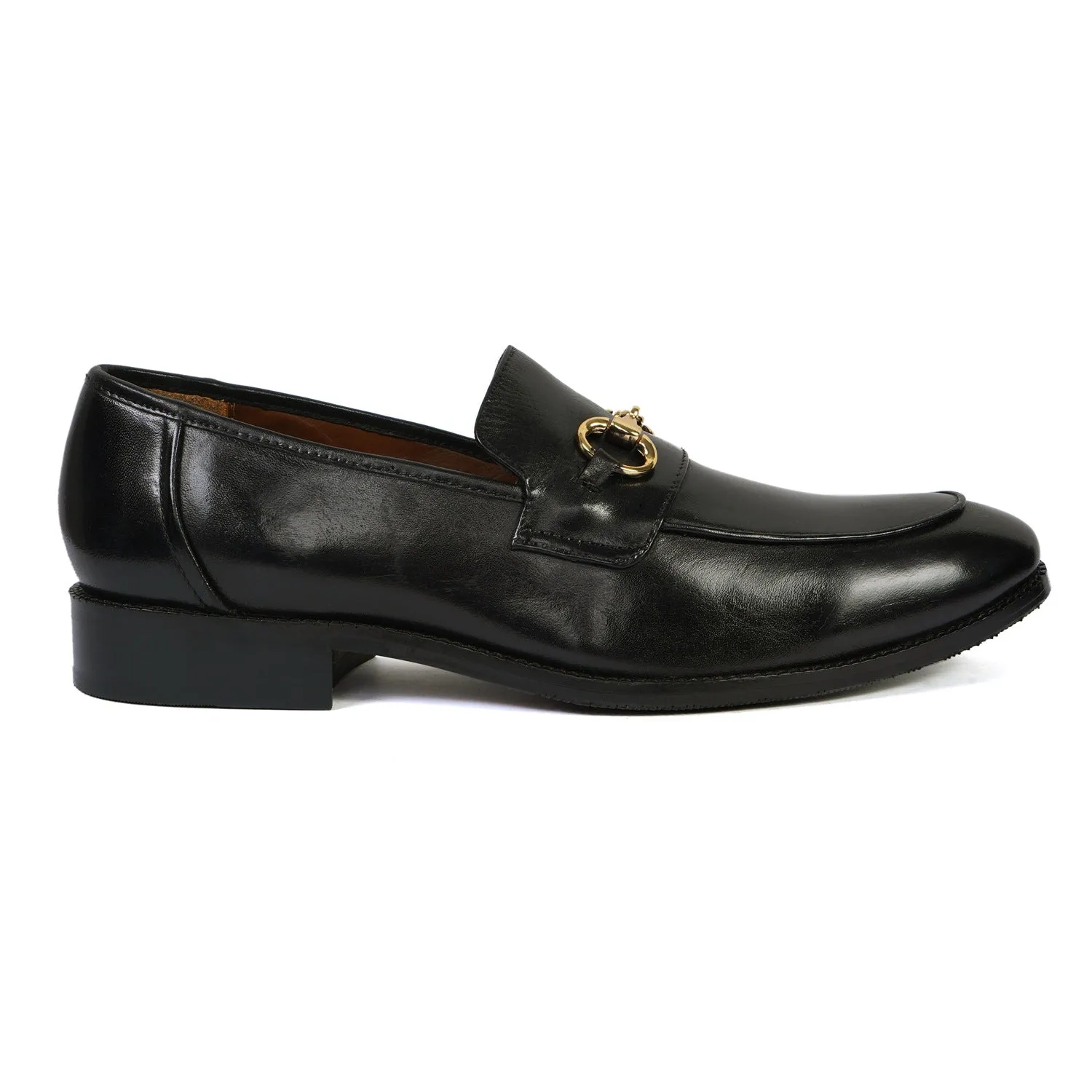 Black Leather Golden Horsebit Loafers By Brune & Bareskin