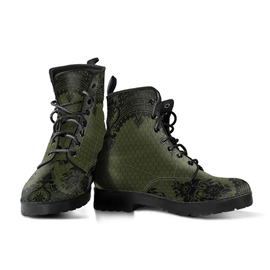 Combat Boots - Gothic Lace Print 109 Green | Custom Shoes, Women's Boots, Aesthetic Shoes, Boho Shoes, Sorority Shoes, Kawaii Shoes