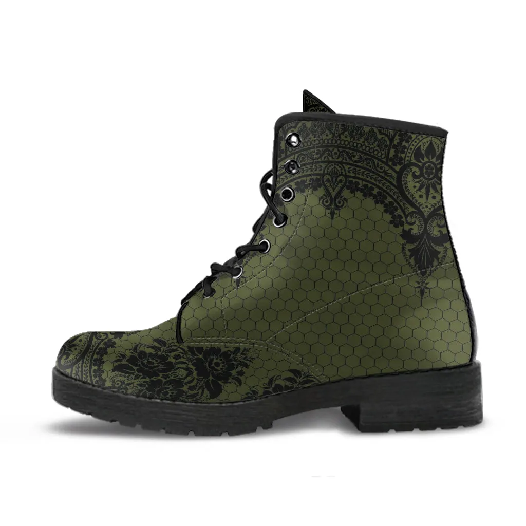 Combat Boots - Gothic Lace Print 109 Green | Custom Shoes, Women's Boots, Aesthetic Shoes, Boho Shoes, Sorority Shoes, Kawaii Shoes