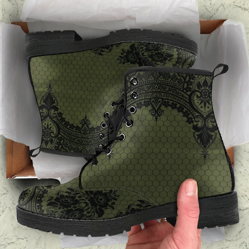 Combat Boots - Gothic Lace Print 109 Green | Custom Shoes, Women's Boots, Aesthetic Shoes, Boho Shoes, Sorority Shoes, Kawaii Shoes