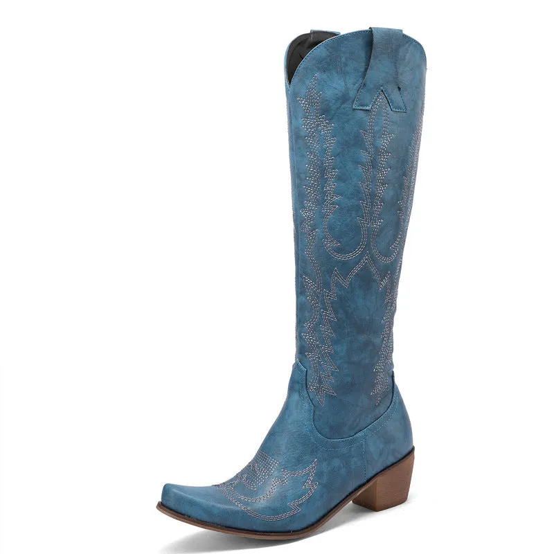 Women's flower embroidery block heels knee high cowboy boots retro western boots