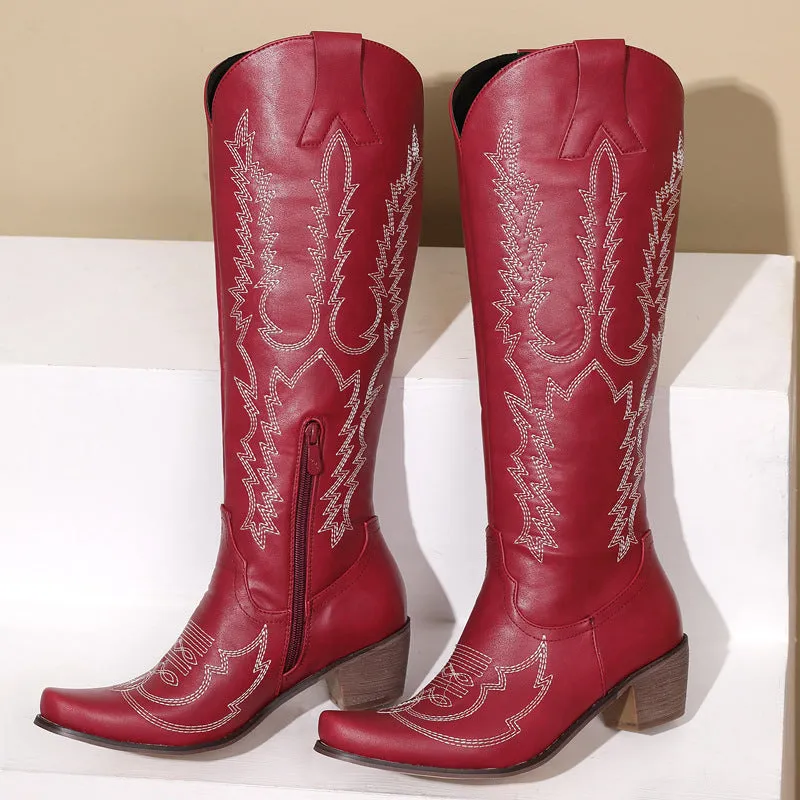 Women's flower embroidery block heels knee high cowboy boots retro western boots