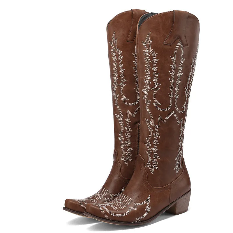 Women's flower embroidery block heels knee high cowboy boots retro western boots