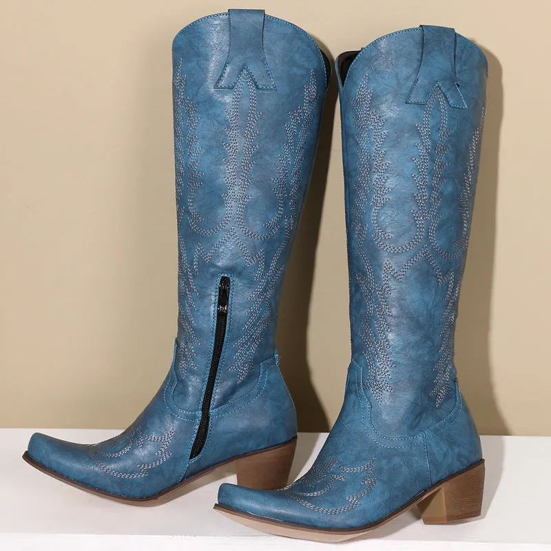 Women's flower embroidery block heels knee high cowboy boots retro western boots