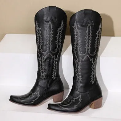 Women's flower embroidery block heels knee high cowboy boots retro western boots