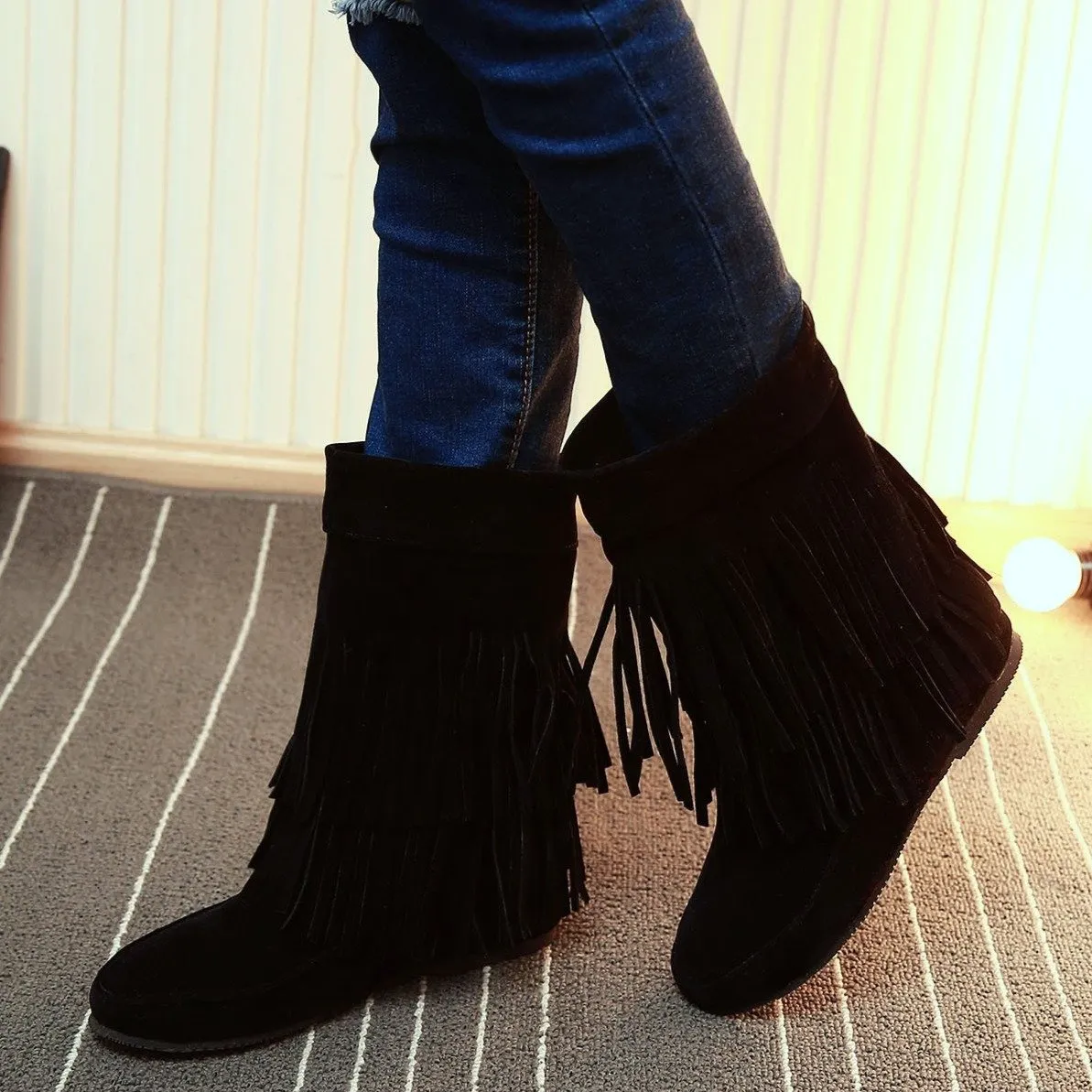 Women's tassels mid calf boots low heel short fringe boots